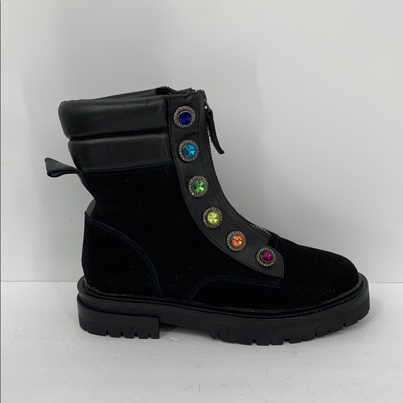 Kurt Geiger London Bobby Rainbow crystal black suede ankle boots lug combat 36 6 - Picture 1 of 6
